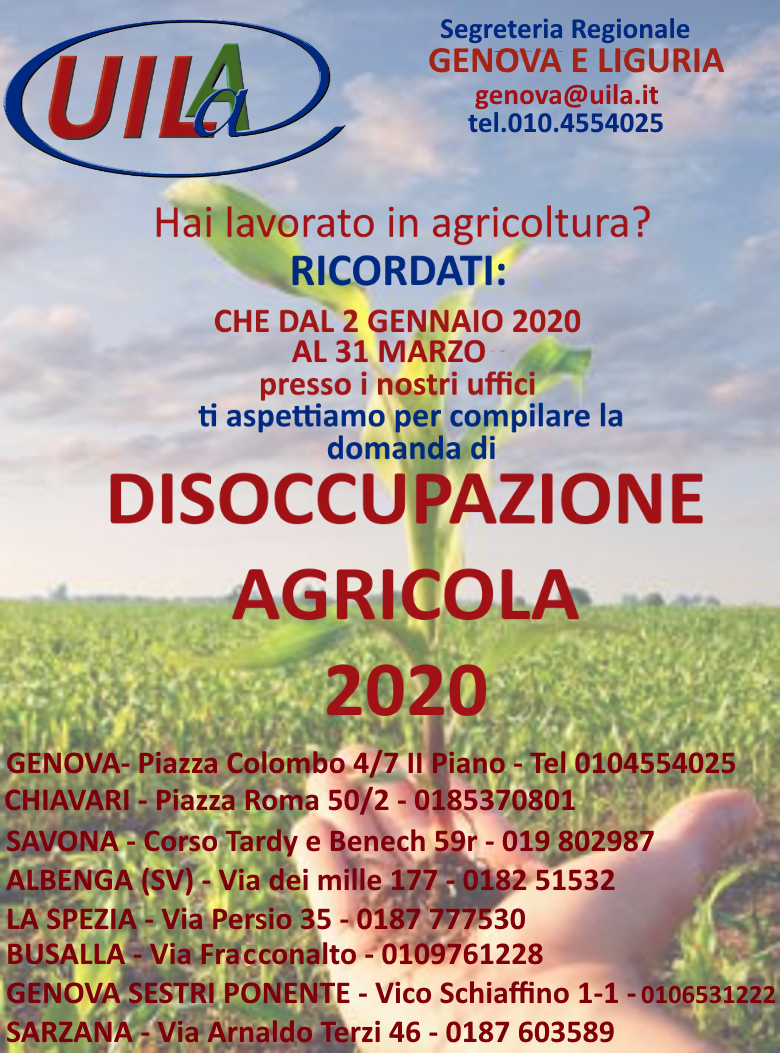 Uila Liguria, disoccupazione agricola 2020: dal 2 gennaio al 31 marzo vieni nei nostri uffici per la domanda.