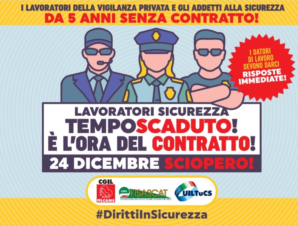 Vigilanza privata e servizi di sicurezza: lunedì 21 dicembre presidi davanti alle prefetture. Sciopero alla vigilia di Natale.