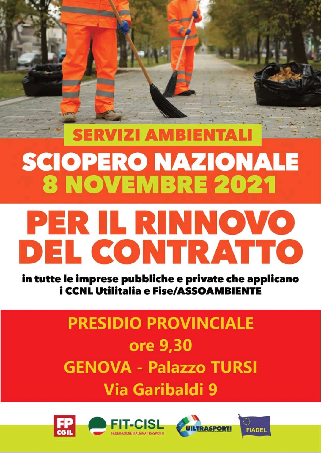 Lunedì 8 novembre sciopero nazionale dei servizi ambientali, si fermano 3000 lavoratori in Liguria. Dalle 9:30 presidio davanti alla sede del Comune di Genova