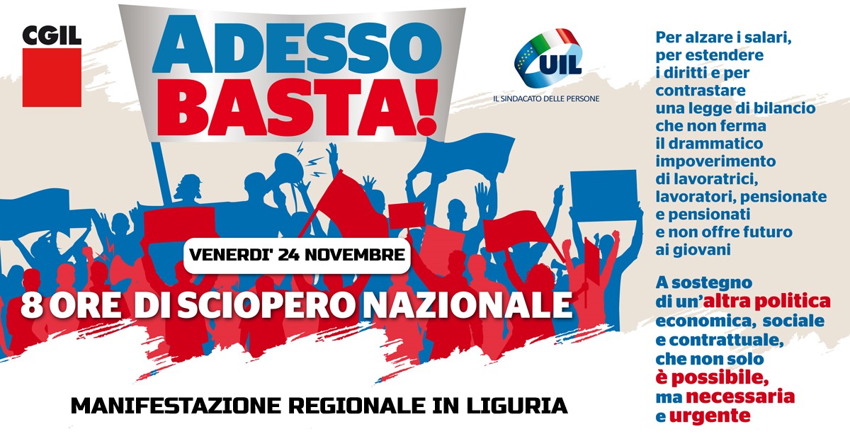 Venerdì 24 novembre sciopero nazionale di 8 ore e manifestazione regionale a Genova